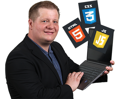 Ich mit einem Laptop in der Hand und es steigen die Logos von HTML, CSS und Javascript auf.
